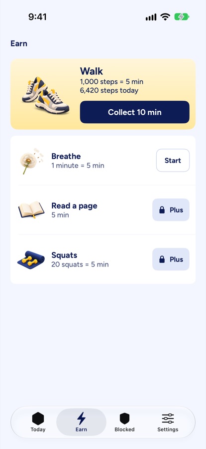 Beebit Earn screen with walk, breathe, read and squats