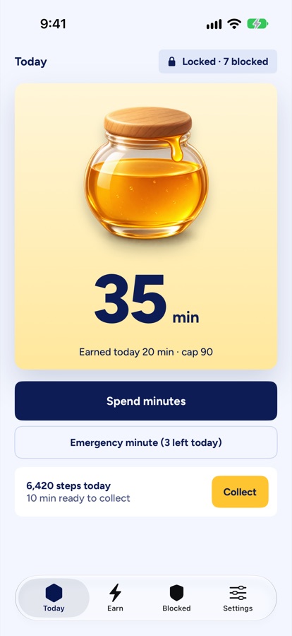 Beebit Today screen with 35 minutes of honey